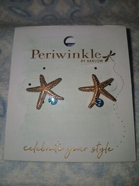 Periwinkle by Barlow Gold Starfish Earrings with Blue Crystal